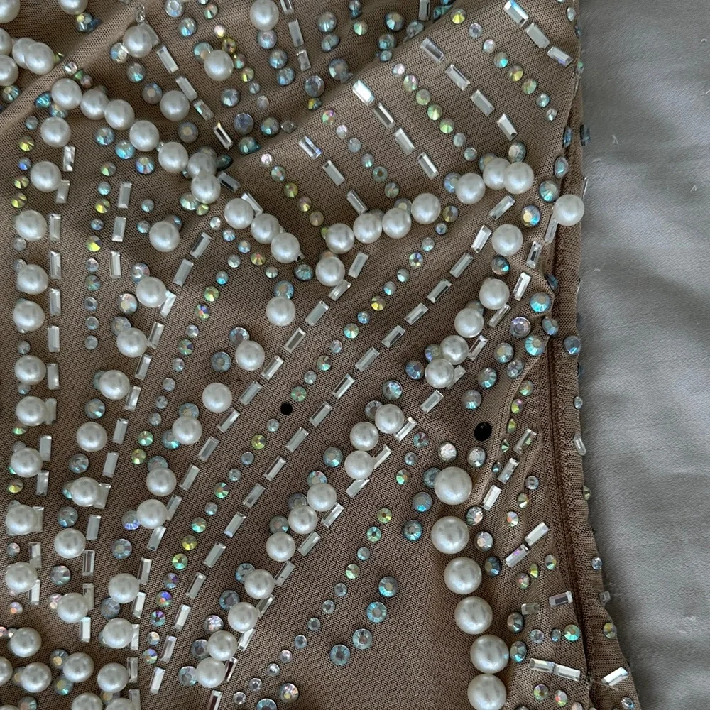 Elegant Beaded Dress in Tan - Picture 4 of 12